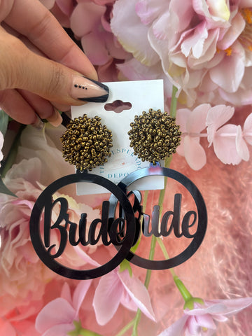 Bride Earrings Black Sparkle w/ Gold Pom Pom