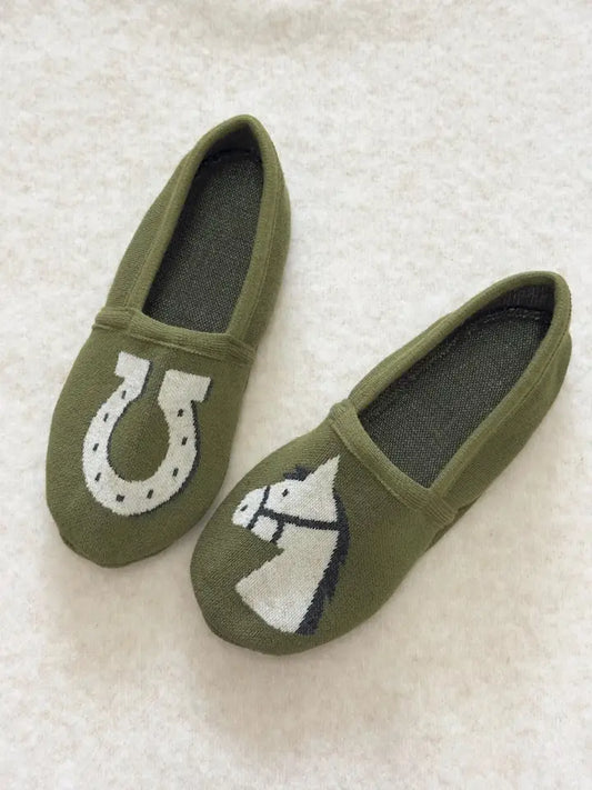 Horse Knit Slippers - Olive