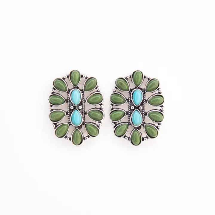 Faux Turquoise & Green Oval Cluster Earrings
