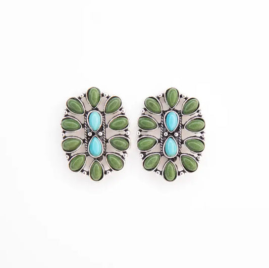 Faux Turquoise & Green Oval Cluster Earrings