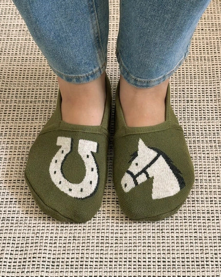 Horse Knit Slippers - Olive