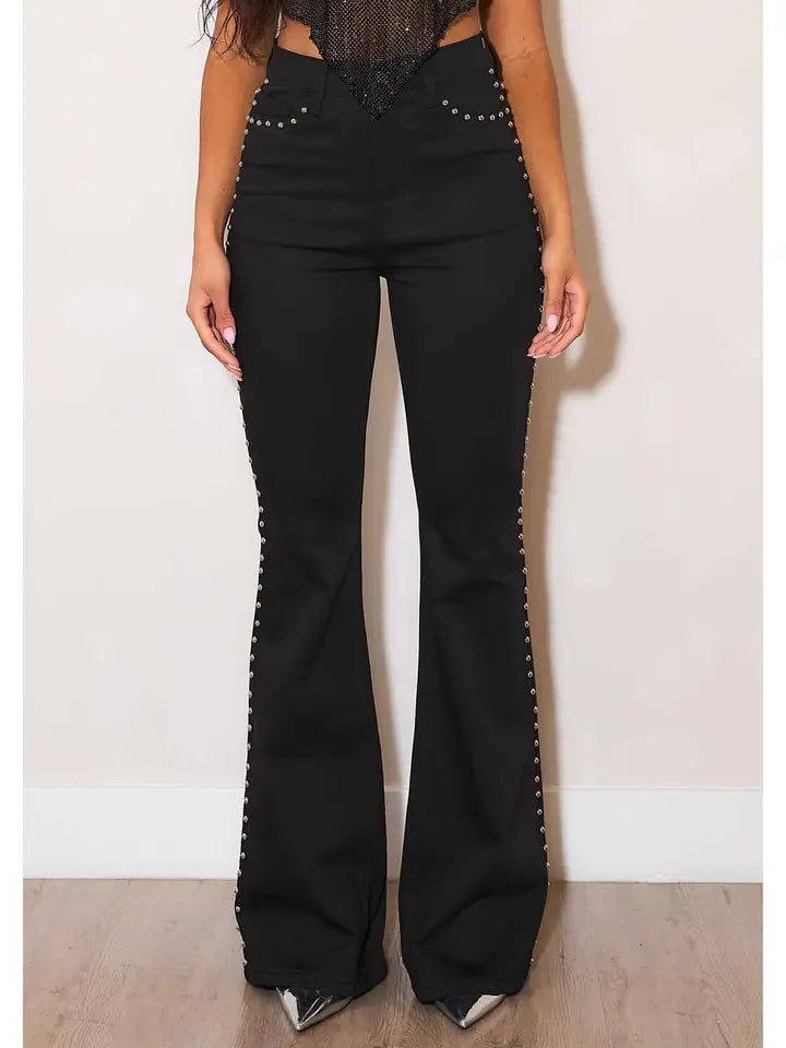 Studded Black High Rise Flares