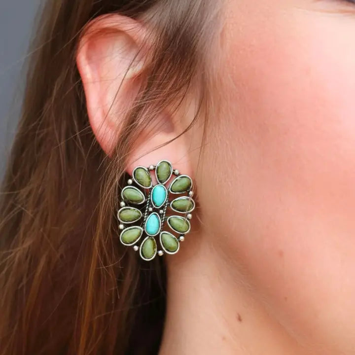 Faux Turquoise & Green Oval Cluster Earrings