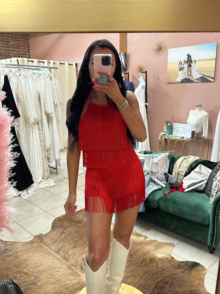 Red Fringe Jumpsuit  Fringe clothing, Online dress shopping, Fashion romper