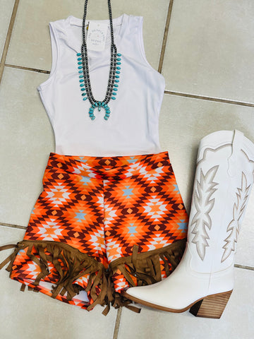 Orange Aztec Fringe Shorts