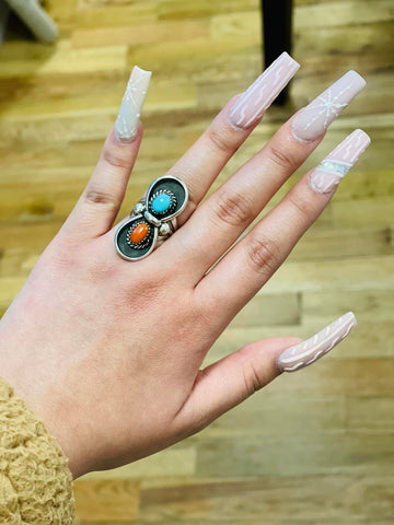 Long Turquoise/Red Ring: Size 6