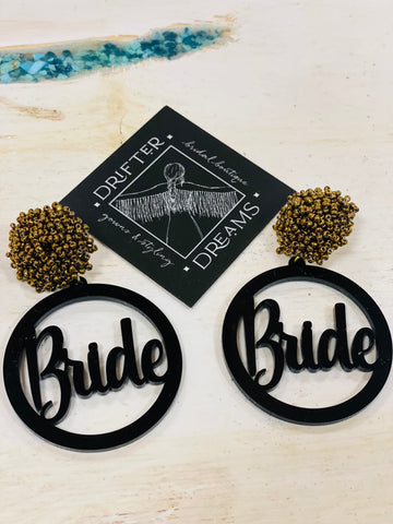 Bride Earrings Black Sparkle w/ Gold Pom Pom
